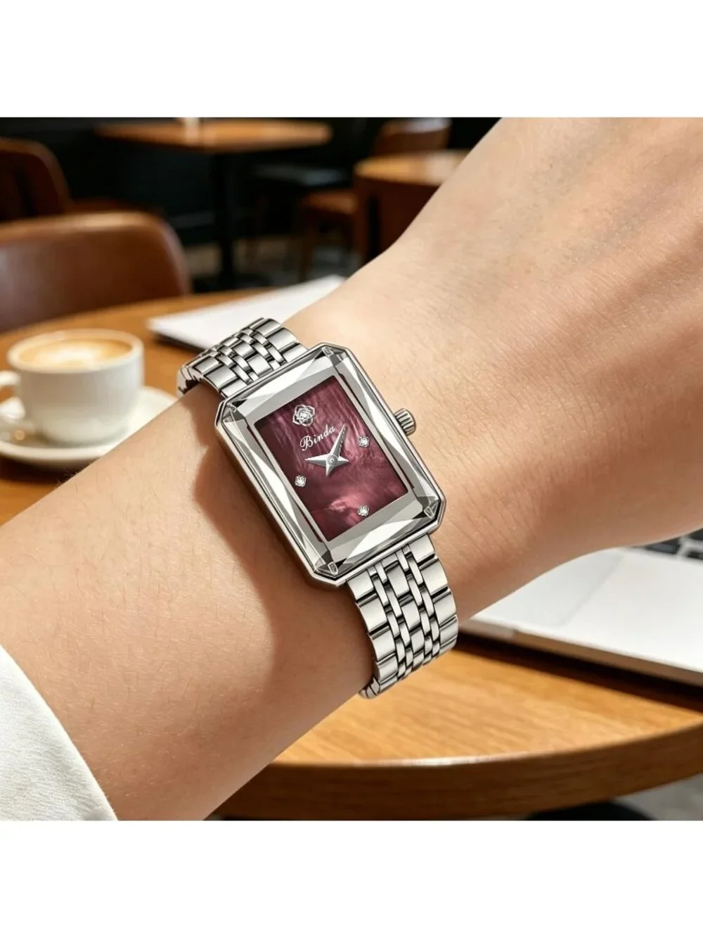 Women's Silver Burgundy Vintage Rectangular Case Stainless Steel Band Wristwatch